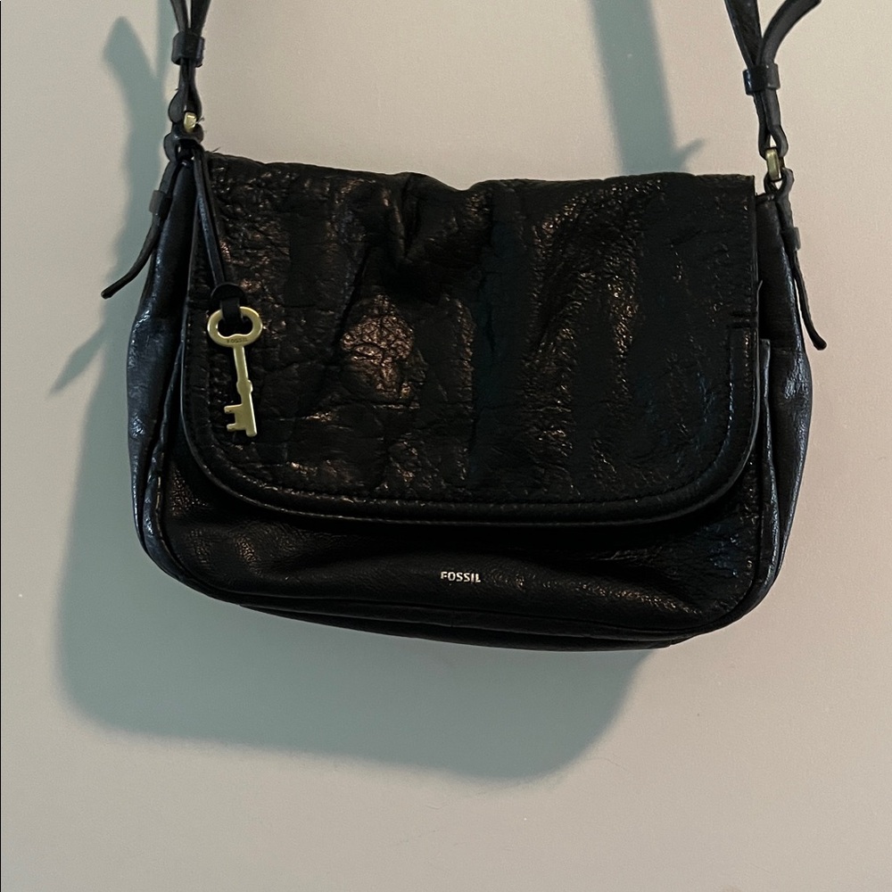 Fossil Black Crinkled Leather Shoulder Bag